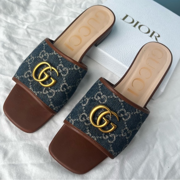 GUCCI Denim Blue Y2K Slides Sandlas Monogram Marmont Summer Sz. 39 - Picture 1 of 10